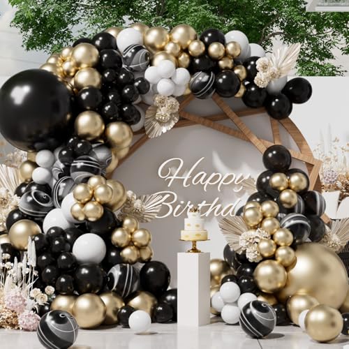 SUWEN 153Pcs Black and Gold Balloons Arch Kit Different Sizes 18 10 5 inch Marble Black White and Metallic Gold Latex Balloons for Birthday Wedding New Years Graduation Anniversary Party Decorations