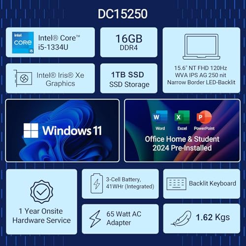 Dell Inspiron 3530, Intel Core i5 13th Gen-1334U,16GB RAM, 1TB SSD, FHD 15.6"/39.62 cm, Win11+MSO'24 (Office 365*) Silver, 1.62kg, Backlit Keyboard,120Hz 250 nits Display /15 Month McAfee,Thin & Light view 2