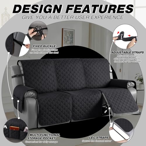 Image of TAOCOCO 100% Waterproof Recliner Covers, Recliner Sofa Covers with Leg Straps, Reversible Recliner Couch Cover for Reclining Chair, Washable Couch Protector for Pets Kids(3 Seater, Black)