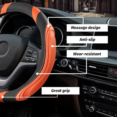 Image of Osilly 15 Inch Car Leather Steering Wheel Cover, Automotive Accessories Elastic Breathable Anti-Slip Soft Wheel Protector Fits Men and Women, Suitable for SUVs, Trucks, Vehicles and RVs (Orange)