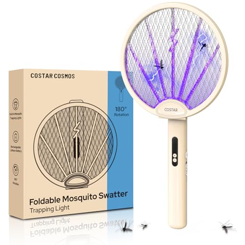 Image of CostarMatter Mosquito Killer Racket, Foldable Bat with UV Light, 3400V, 2 in 1 Auto Mosquito Killer, Racket for Mosquitoes, Electric Fly Swatter with Lithium-ion Battery, Beige