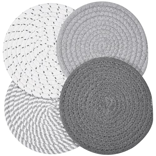 Szaboviktoria 4 Stück Topfuntersetzer, 18 cm Untersetzer Topf, Topfuntersetzer Hitzebeständig, Teekanne Untersetzer, Topfuntersetzer Filz, Runder Gewebter Topflappen, Für Schüsseln und Teller, Grau