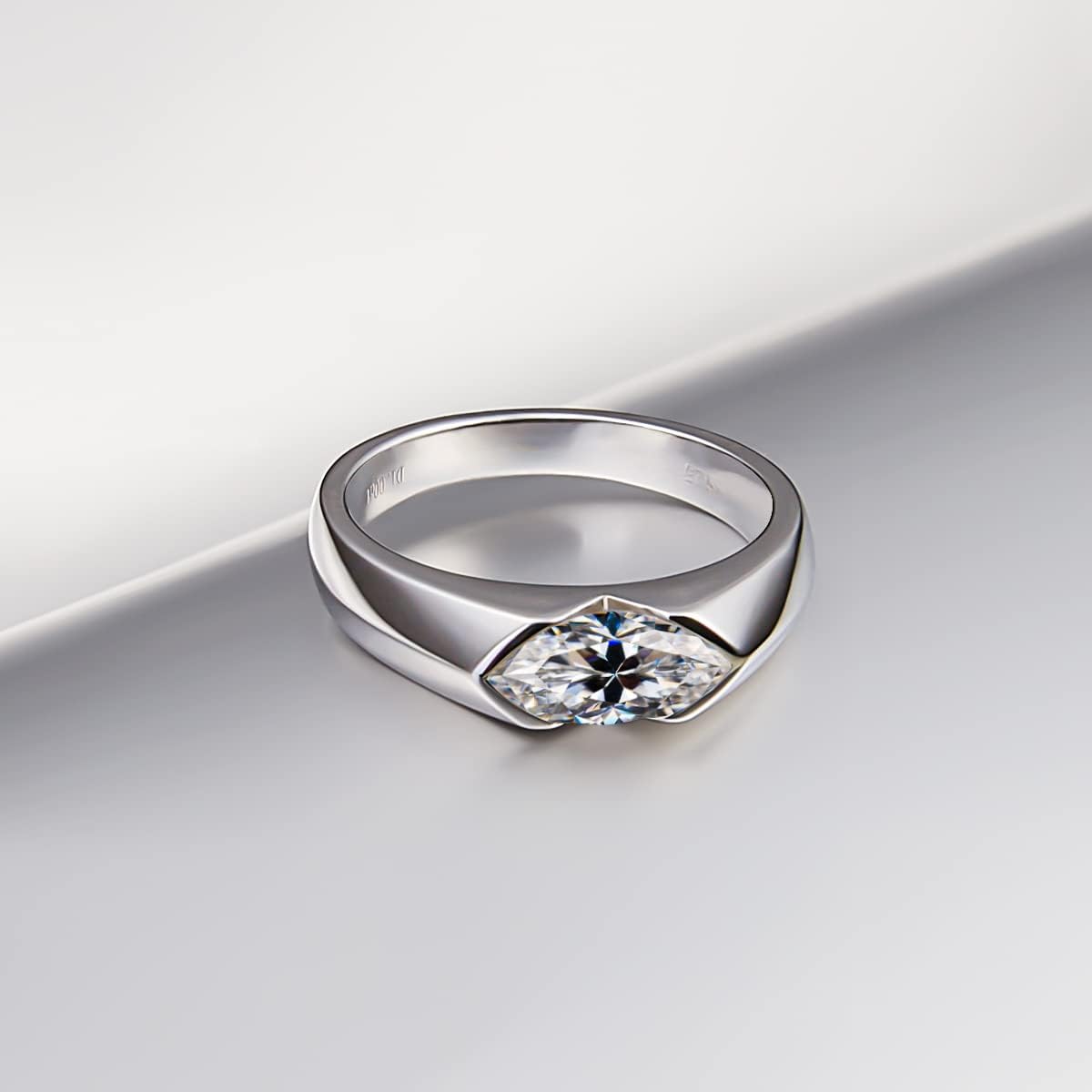 CannyCat 10x5 mm Oval Marquise Cut Moissanite Engagement Ring for Women Platinum-Plated Silver Half Bezel Tension Set Solitaire Wedding Band D color VVS Moissanite Anniversary Promise Rings - Image 8