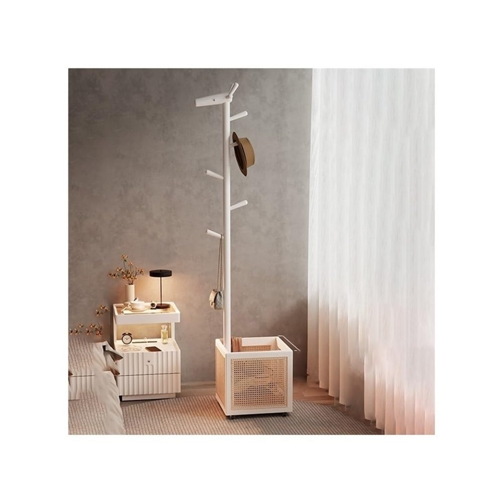 AILIUXIAOYAN Coat Rack Solid Wood Deer Clothes Hanger Floor Bedroom Living Room Bedside Dirty Clothes Basket Bedside Movable Coat Rack(White)