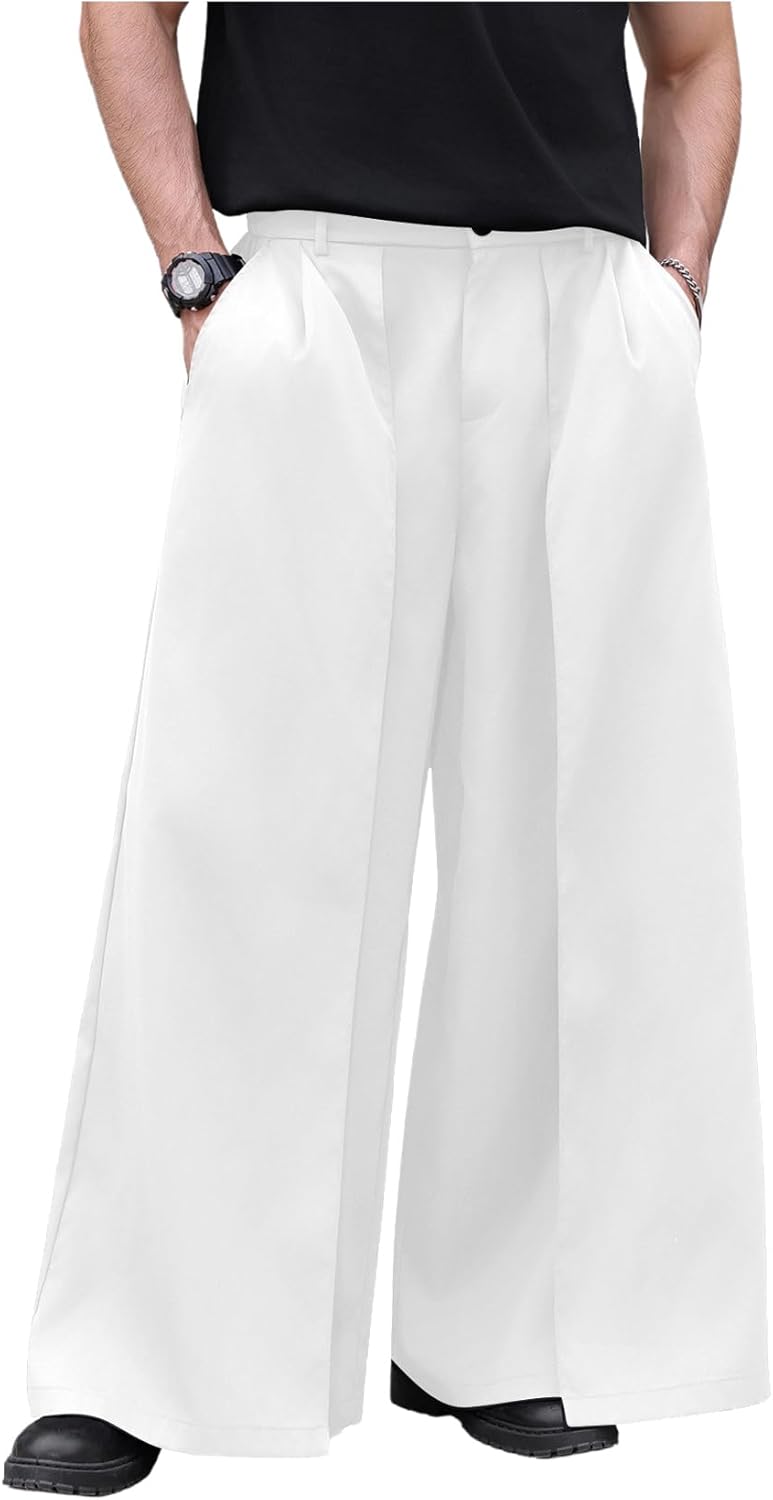 OYOANGLE Men's Baggy Wide Leg Pants Zipper Fly Pleated Trousers Business Casual Dress Pants with Pocket