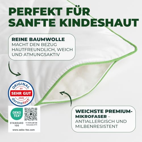 Welldora Kinderkissen 40x60 cm – flaches Kinderkissen (1–6+ Jahre), antibakteriell & antiallergisch, 100% Baumwollbezug, Oeko-TEX® Zertifiziert, waschbar & liebevoll gestaltet
