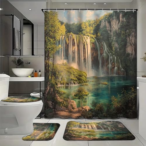 YFBBINS 4Pcs Retro Waterfall Waterproof Shower Curtain with 12 Hooks, Watercolor Forest Mountain River Painting Bathroom Curtains Set with Rug, U Shape Mat and Toilet Cover for Home Decor