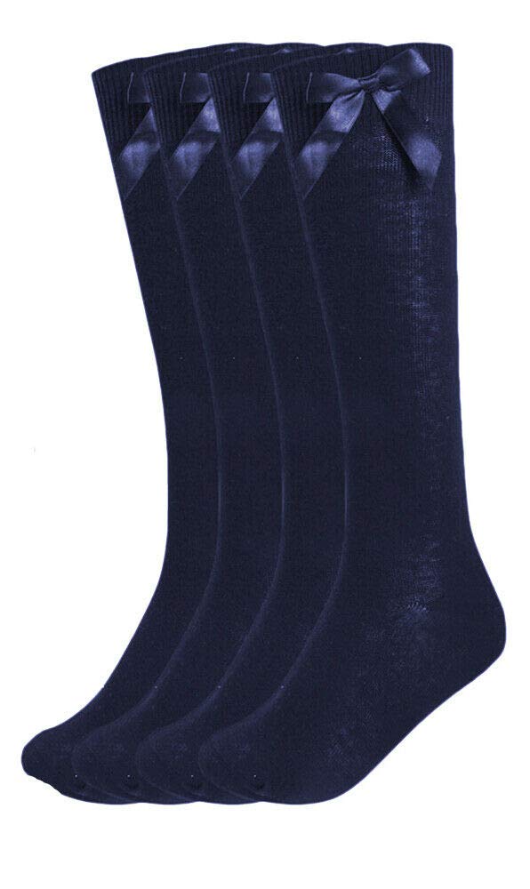 LE11 3 pares de calcetines altos hasta la rodilla para niñas, color blanco, gris, negro, azul marino, calcetines de escuela secundaria con cintas y lazos