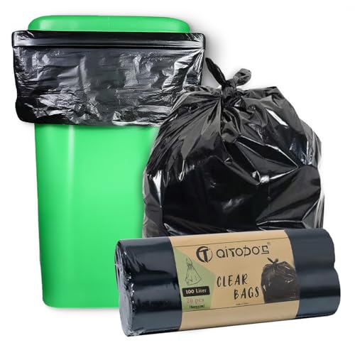 AiTodos® 20PCS Black Bin Bags 100L, Bin Liners 2 Rolls Intotal, 10 Pieces per Roll, Bin Liners Polyethylene Material, Large Capacity Bin Bags (95×80cm)