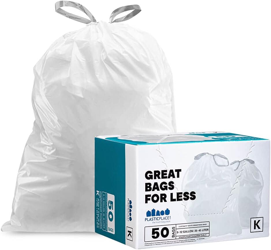 Plasticplace Simplehuman Code K (50 Pack) White Drawstring Bin Liners, 38 Litres, 24 x 28 Inches