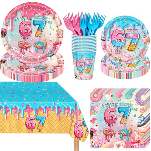 121Pcs 6 7 Birthday Decorations 67 Party Decorations Supplies Include 67 Theme Birthday Plates Napkins Paper Cups Forks and Tablecloth Six Seven Disposable Paper Tableware Set for 24 Guests