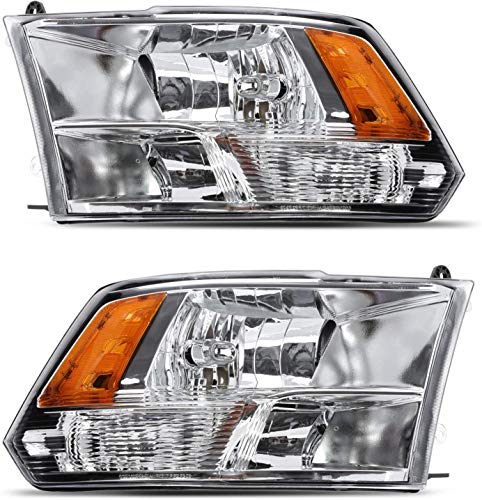 ALS Replacement For Ram 1500 2500 3500 Dodge 2009 2010 2011 2012 2013 2014 Pickup Headlights Assembly Chrome Housing Amber Reflector Passenger and Driver Side