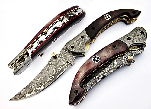 Fz-01 Handmade Damascus Pocket Knife For Men | Folding Knife With Liner Lock | Bushcraft Knife For Fishing, Camping, Hiking | Damascus Steel Hunting Knife | Camping Knife With Leather Sheath. #TOP2