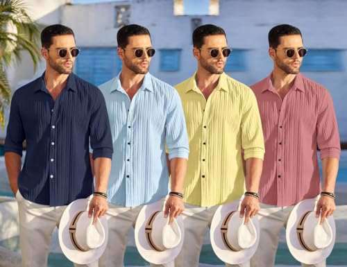 Image of FINIVO FASHION Combo of Men's Casual Cotton Plain Button Down Shirt Long Sleeve Textured Summer Beach Shirt for Men Pack of 4