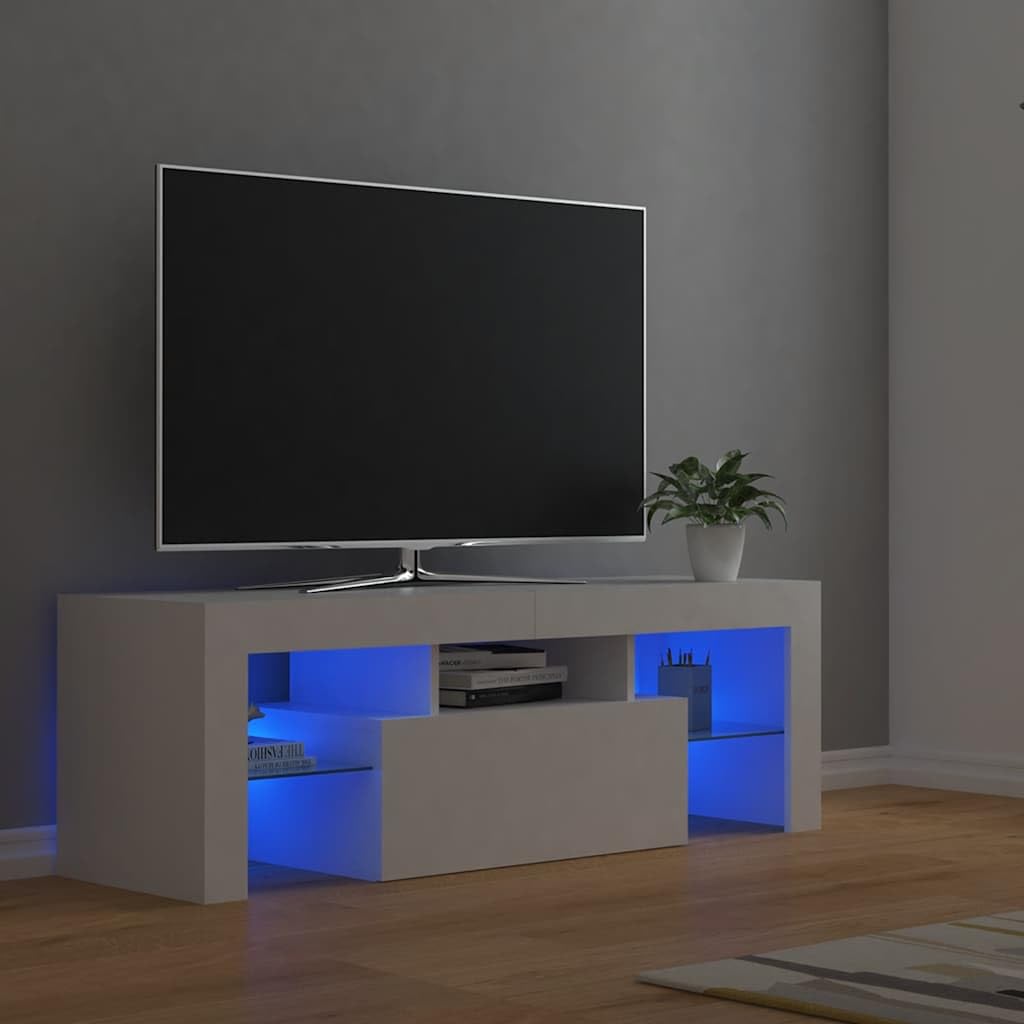 Mueble de TV de Madera con Iluminación LED RGB, Diseño Moderno y Almacenamiento Abierto, Adecuado para Salón y Dormitorio, Color Blanco, 120 x 35 x 40 cm