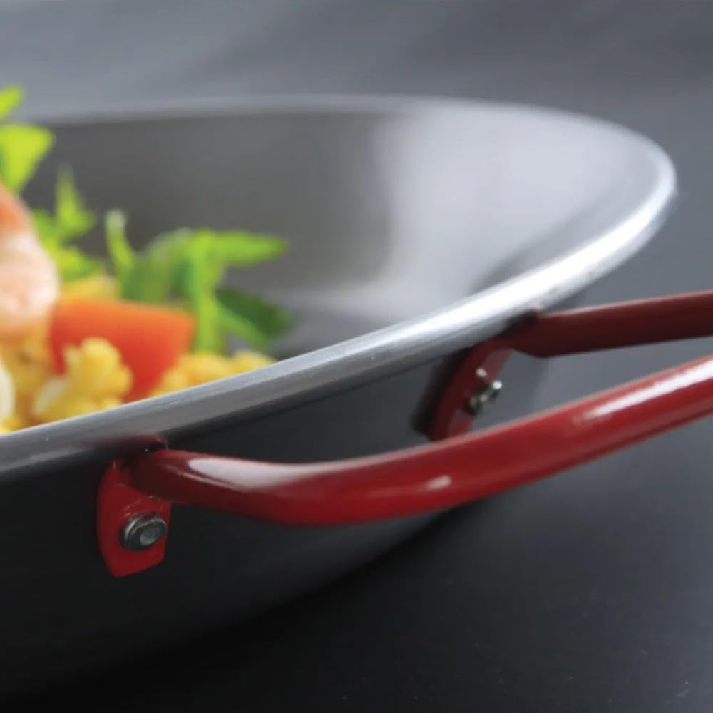 PALUPLUS Padella per Paella Valenciana per 12 Porzioni, Diametro 46 cm, Padella in Ferro Lucido, 2 Manici Rossi Verniciati, per cucinare e servire la paella, per Cene ed Eventi -461