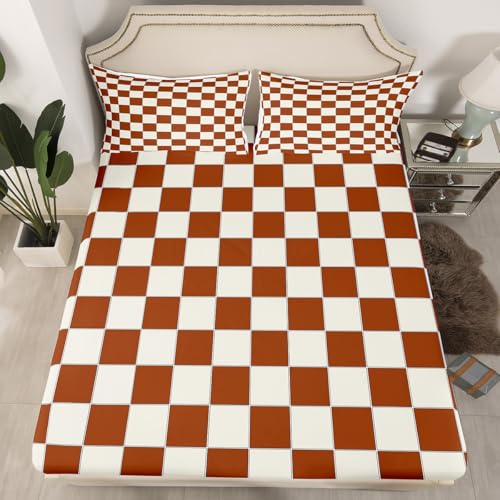 Image of Erosebridal Plaid Bed Sheets Full Beige Caramel Brown Checkerboard Bedding Geometric Checkered Sheet Set for Kids Boys Girls, Aesthetic Grid 1 Fitted Sheet 1 Flat Sheet 2 Pillow Cases