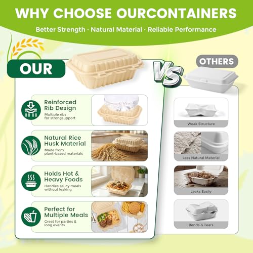 Clamshell Food Containers with Lids, 50 Pack-26oz Take Out Boxes Disposable Meal Prep Containers Natural Rice Husk Material Durable To Go Containers for Pasta Salad Sandwich Microwave Freezer Safe - Image 7