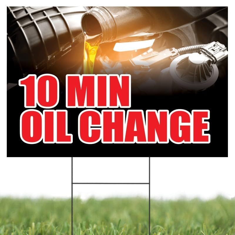 10 Min Oil Change | Full Color Sidewalk Display Sign Board with Metal Ground Stakes | 24" W x 18"H