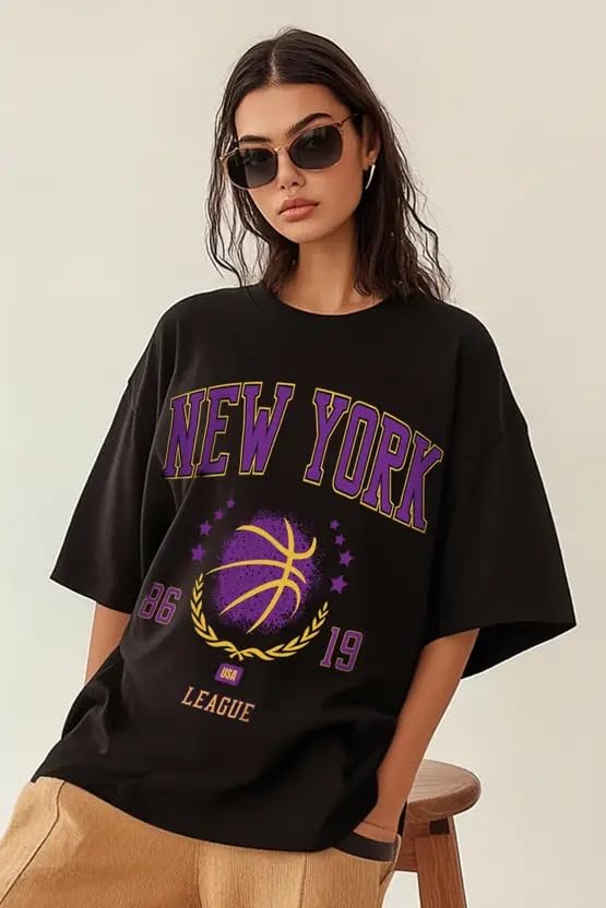 Image of JUNEBERRY Round Neck Drop Shoulder Round Neck Black & White Graphic Printed Pure Cotton Oversized Baggy Fit Half Sleeve T-Shirt for Women & Girls (Sizes: S to 2XL)