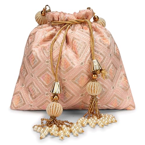 Image of LONGING TO BUY Indian Embroidered Pearl Potli Bag For Women, Sequence Design with Tassel, Wedding Potli Bags