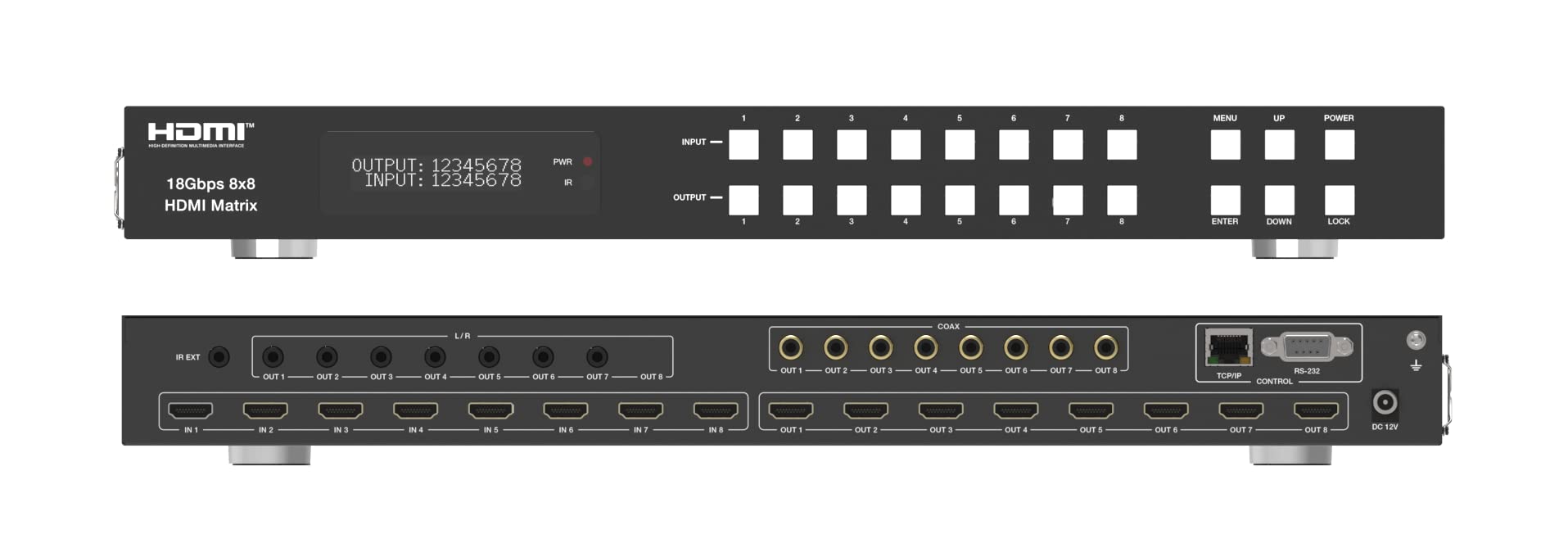 Commutateur matriciel HDMI 8x8 4K avec rétrogradation, ARC, HDR10+, HLG, Dolby Vision, Atmos. Prise en charge 4K @ 60Hz pour SkyQ UHD