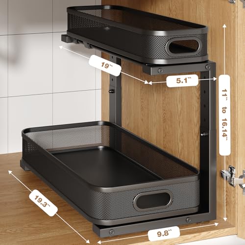 Image of 2 Pack 19.3IN-Depth Under Sink Organizer with Smooth Cylindrical Rail,2-Tier Pull Out Multi-Purpose Cabinet Storage for Bathroom&Kitchen,Height Adjustable,Rust-Resistant Coating-Black
