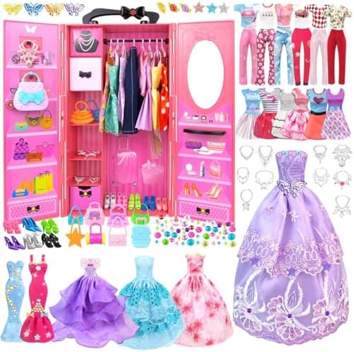 Kleidung für Puppen kleiderschrank Kleidung Schmuck Zubehör für 11,5 Zoll Puppe Dress Up Set Puppenschrank mit Hochzeitskleid Kleider Oberteile Hosen Schuhe Taschen Spielzeug Gesch