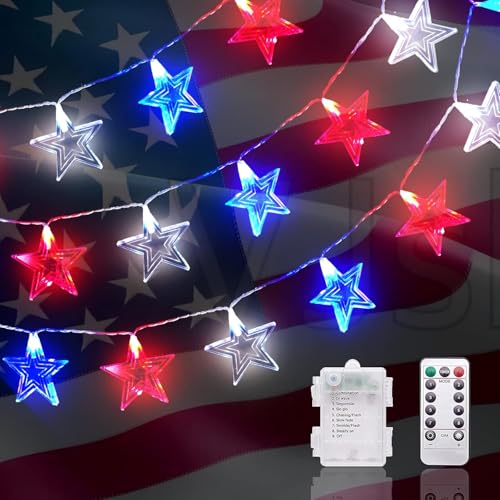 Dirnun 4th of July Decorations Red White and Blue Lights with 40 Led Big Stars 4th of July Lights for Indoor Outdoor Home Garden Golf Cart Patriotic Theme Memorial Independence Day Decorations