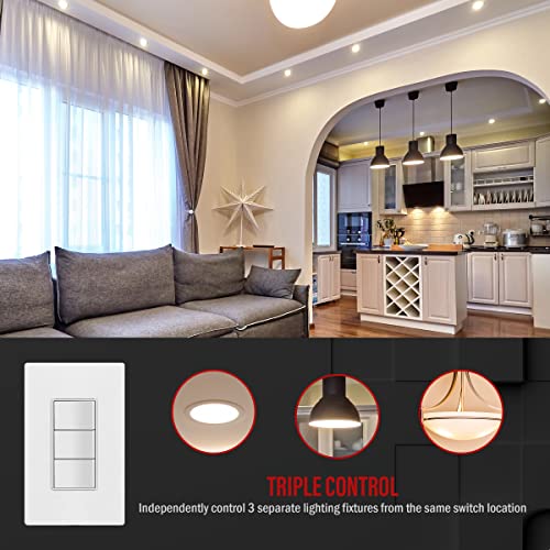 Enerlites Triple Paddle Rocker Combination Decorator Switch, Ground Terminal, Clamp-Type Back Insert Wiring, Copper Only, Single Pole, Residential Grade, 15A 120V-277V, 62755-W, White #TOP5