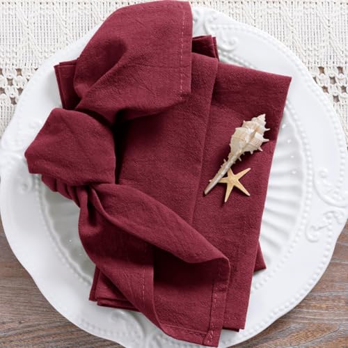 Image of MLMC 8 Pack Burgundy Cloth Napkins Rustic Washable Cotton Linen Napkins Set of 8 17 inchx17 inch Reusable Wine Red Dinner Napkins Cloth for Wedding Bridal Baby Shower Table Decor