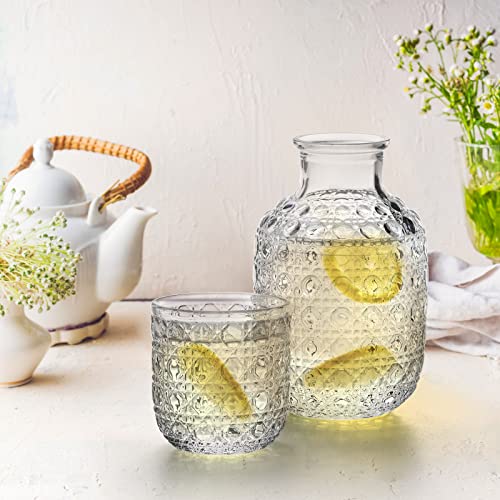 Coloch 2 Sets Vintage Bedside Water Carafe Set With Tumbler, 4 Pcs 14Oz Clear Nightstand Carafe And Glass Set, Carved Glass Mouthwash Bottle Juice Pitcher For Water, Juice, Kitchen, Bedroom, Bar #TOP4