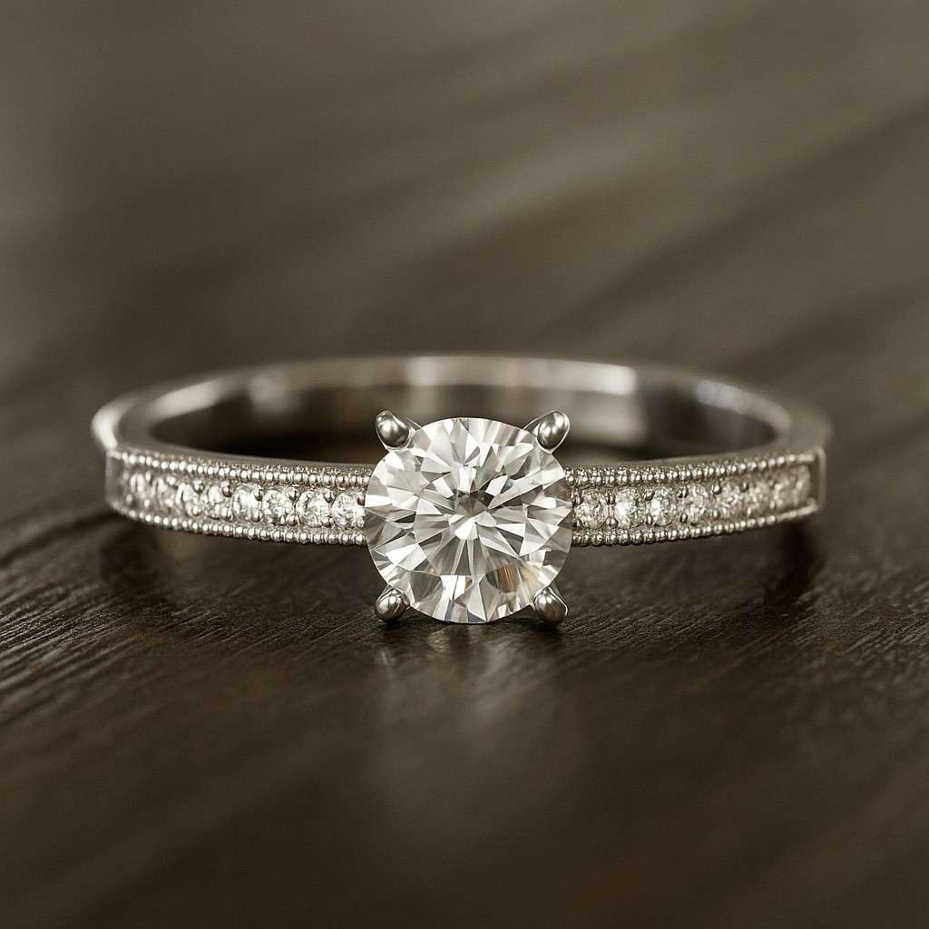 Lab Grown Diamond Round Solitaire Ring for Women in 14K Gold or 925 Sterling Silver | Diamond Accents | Vintage Beaded Band Engagement, Promise or April Birthstone Ring | Fine Jewelry Gift
