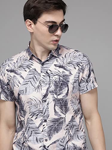 Image of THE BEAR HOUSE Men's Cotton Slim Printed Hawaiian Short Sleeves Shirt |Pink |L |TBH-Play-PC-L |