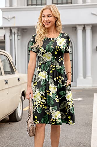 Image of DB MOON Women Summer Casual Short Sleeve Dresses Empire Waist Dress with Pockets