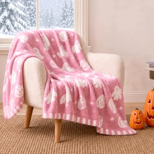 Snuggle Sac Pink Halloween Throw Blanket with Ghost,Reversible Soft Pumpkin Blanket for Home Decor,Perfect Spooky Season Gift,50×60 inches — view 6