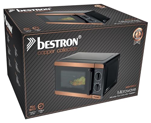 Bestron 700 Watt Mikrowelle, zweiteiliges Kontrollpanel mit 6 Leistungsstufen & 30Min. Timer, stufenlos regelbar, mit 24,5cm Drehteller für alle gängigen Größen, Copper Collection, Farbe: Kupfer