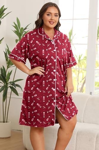 Image of Vozanet Women Button Down Nightgown Plus Size Nursing Nightshirt Boyfriend Nighty Bridal Sleepdress with Pockets XL-5XL