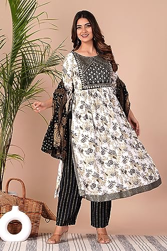 Image of MANHAREE | Women's Rayon Printed Embroidered Anarkali Kurta with Pant & Dupatta Set