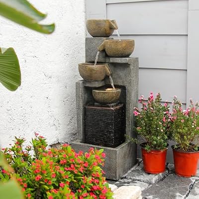 YZM 5-Tier Water Fountain Outdoor Garden Waterfall Fountains Indoor Bowl Cascading Water Feature with Led Lights for Home Deck Patio Porch Yard Decor 37.4" H