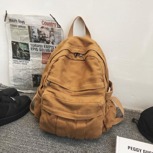 Image of Light Brown Canvas Backpack for Women & Men Retro Aesthetic Rucksack Basic Backpack for High School /College Students Travel Laptop Bag
