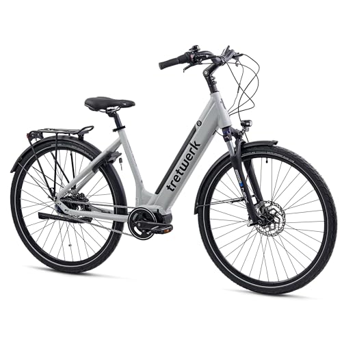 TRETWERK 28 Zoll E-Bike - City Bike - Amber Nexus - Pedelec Damen Fahrrad 7 Gang Nabenschaltung - Elektrofahrrad Mittelmotor - grau 50cm