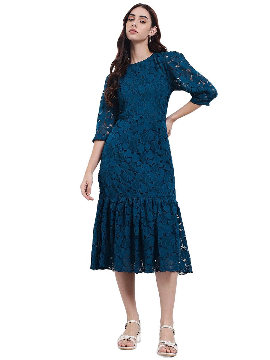 SNITCH Women Self Design Lace Bodycon Midi Dress | Elegant One Piece Dress for Women | Stylish Outfit for Party, Casual & Everyday Wear in neutral