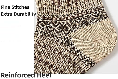 Image of 5-Pairs Vintage Knitting Stripe Reindeer Wave Pattern Women's Fluffy Cute Crew Socks Warm Soft Cotton Calf Socks
