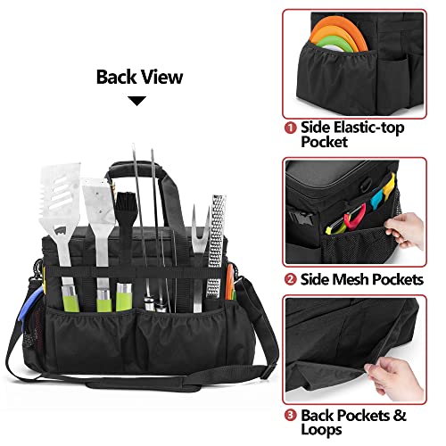 Hodrant Large Grill Caddy With Lid, Bbq And Picnic Bag Organizer With Paper Towel Holder, Tailgating Accessories Basket For Barbecue Utensil & Camping Gear Must Haves, Black, Bag Only #TOP3