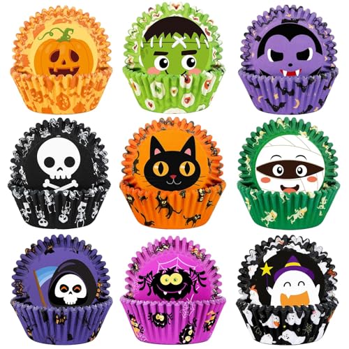 SANNIX Halloween Cupcake Liners 450-Count Ghost Pumpkin Spider Baking Cups Cupcake Wrappers Paper Wraps Muffin Liners for Halloween Party Candy Cupcake Decorations Supplies(9 Designs)