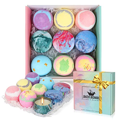 Bath Bombs Gift Set for Women, Set of 6 Bath Bombs and 3 Scented Candles,Bubble Fizzies Spa Bath Kit,Shea and Cocoa Dry Skin Moisturize,Birthday Valentines Anniversary Christmas Gifts for Mom,Her,Kids