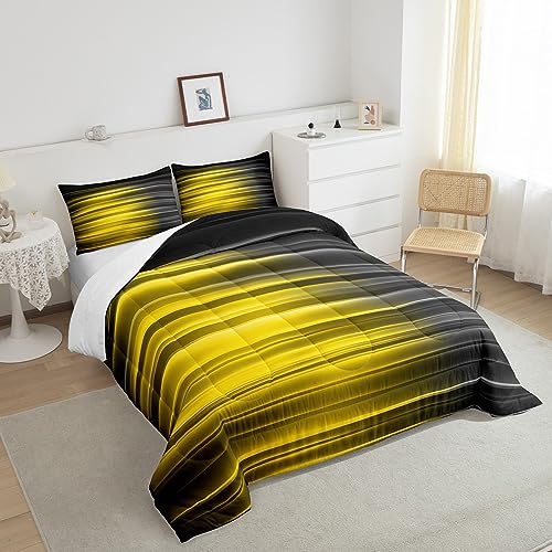 Image of Feelyou Yellow and Grey Comforter Set Full, Geometric Abstract Ombre Bedding Set for Kids Gradient Yellow Lines Comforter Abstract Ombre Duvet Set with 2 Pillow Case