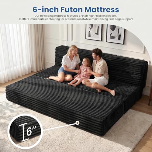 Image of Erament Tri-Fold Futon Sofa Bed, 6 Inch Foldable Floor Couch, High-Density Foam Convertible Sleeper Sofa with Removable Washable Corduroy Cover, Portable Floor Mattress for Living Room