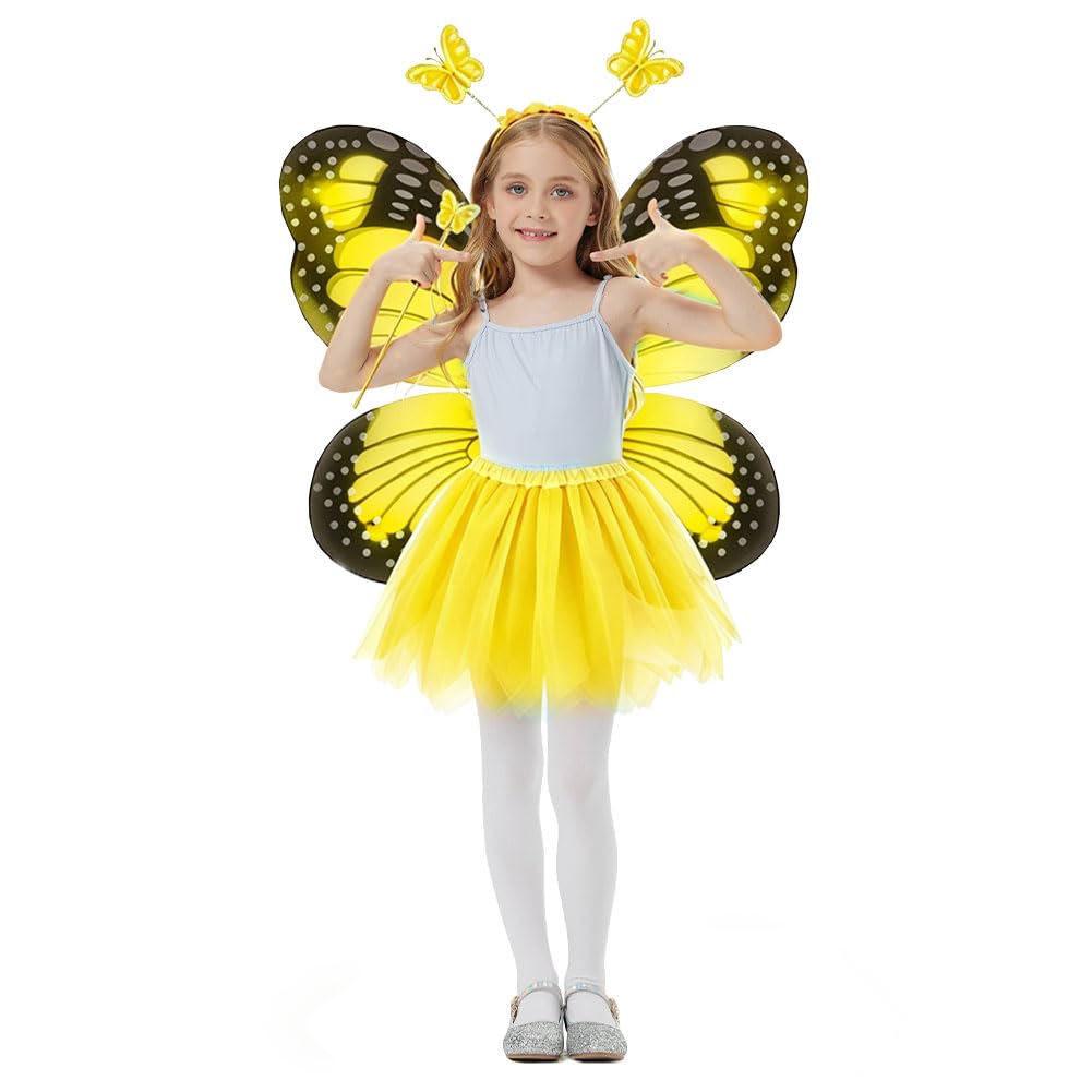AYBUY Kids Butterfly Wings Costume, Include Fairy Wings Tutu Magic Wand & Headband, Costume Butterfly Dress Up for Girls Fancy Dress Christmas Halloween Party Cosplay,Yellow โ image 1